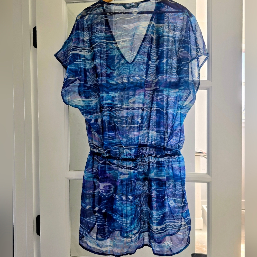 LAUREN RALPH LAUREN Calypso Ikat Blue Print Semi Sheer Swim CoverUp Mini Dress M - Picture 3 of 9